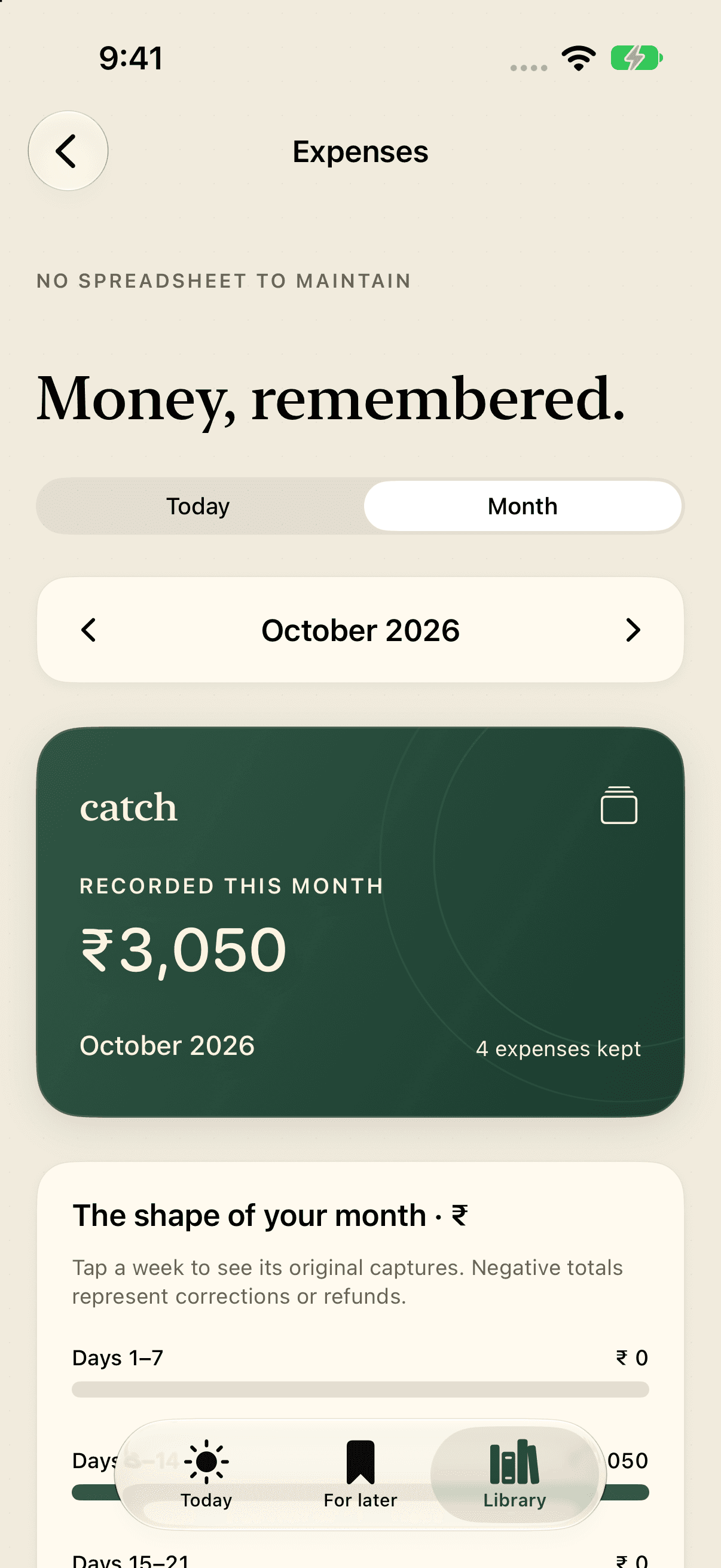 Catch Expenses: a forest-green monthly spending card with Today and Month views