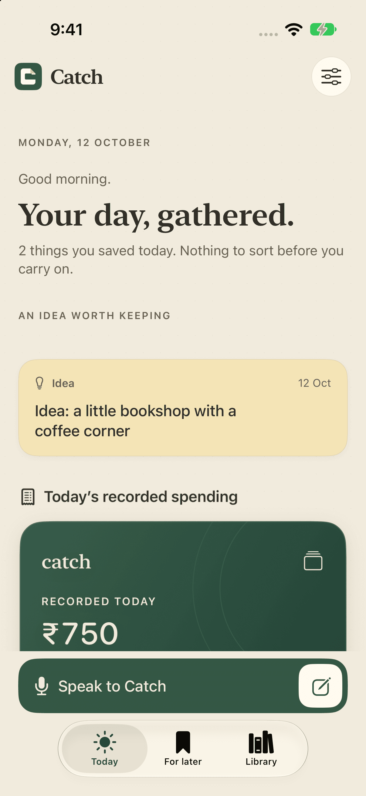 Catch Today: a gathered day with a honey-colored idea card and forest-green spending summary