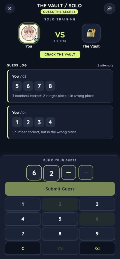 CodeDuel solo gameplay showing four-digit guesses, text clues, and the number keypad