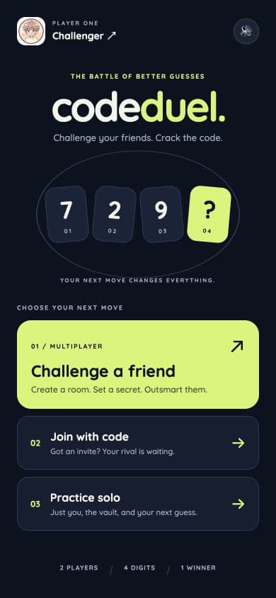 CodeDuel home screen with challenge a friend, join with code, and solo practice modes
