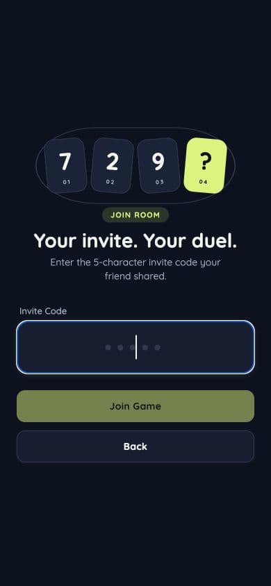 CodeDuel invite screen for entering a five-character room code