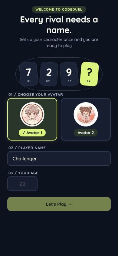 CodeDuel player setup with avatar selection and player name